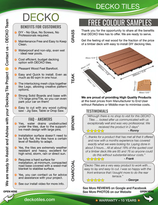 Deck Tile <b>Colour Sample</b> - Premium WPC Interlocking | DECKO - with Free Delivery (5.90 handling fee)