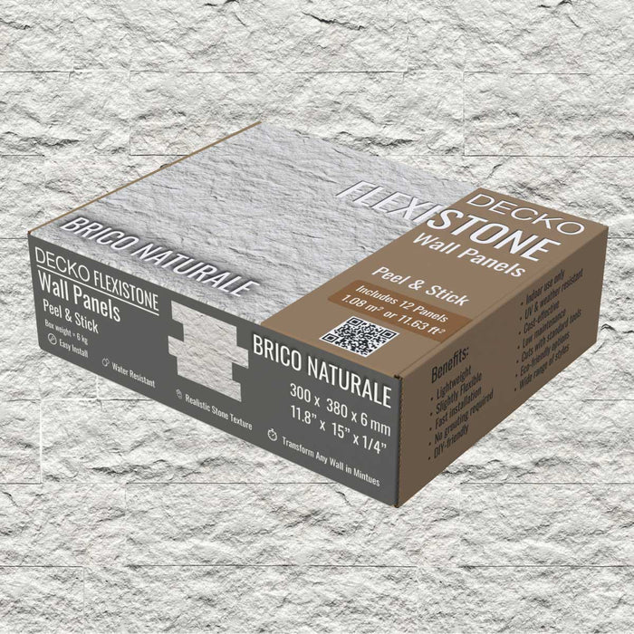 DECKO Flexistone Stone Wall Panels - <b>BRICO NATURALE</b> - Box of 12 Interlocking Peel-and-Stick Panels <b>1.08sqm</b> coverage