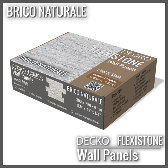 DECKO Flexistone Stone Wall Panels - <b>BRICO NATURALE</b> - Box of 12 Interlocking Peel-and-Stick Panels <b>1.08sqm</b> coverage