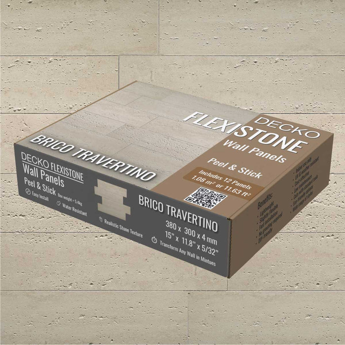 DECKO Flexistone Stone Wall Panels - <b>BRICO TRAVERTINO</b> - Box of 12 Interlocking Peel-and-Stick Panels <b>1.08sqm</b> coverage