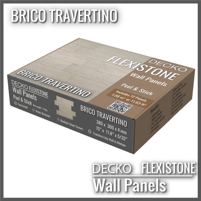 DECKO Flexistone Stone Wall Panels - <b>BRICO TRAVERTINO</b> - Box of 12 Interlocking Peel-and-Stick Panels <b>1.08sqm</b> coverage