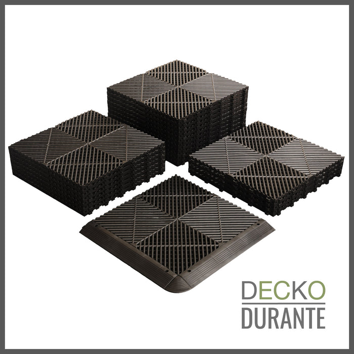 Garage Tile - <b>BLACK</b> - Interlocking PP Flooring - High End Polypropylene | 100% Recyclable | DECKO <b>DURANTE</b> (400x400x18 mm tile)