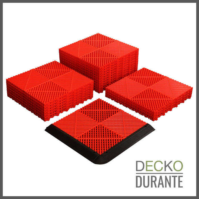 Garage Tile - <b>RED</b> - Interlocking PP Flooring - High End Polypropylene | 100% Recyclable | DECKO <b>DURANTE</b> (400x400x18 mm tile)