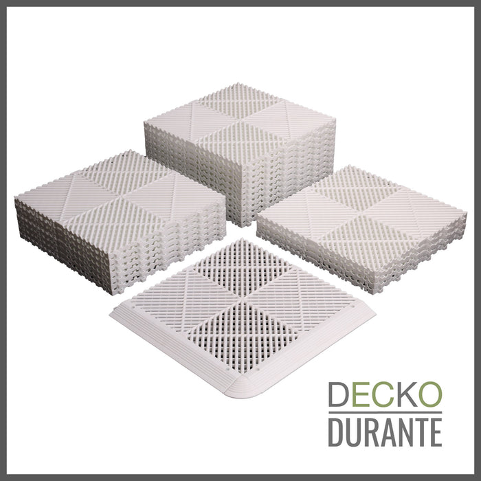 Garage Tile - <b>WHITE</b> - Interlocking PP Flooring - High End Polypropylene | 100% Recyclable | DECKO <b>DURANTE</b> (400x400x18 mm tile)