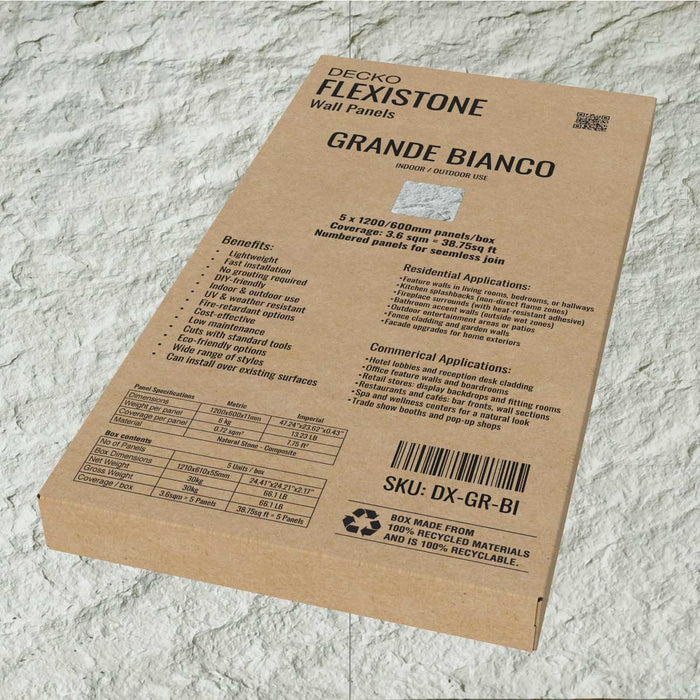 DECKO Flexistone Wall Panels - <b>GRANDE BIANCO</b> - Box of 5 serial panels (1200x600mm) <b>3.6sqm</b> coverage