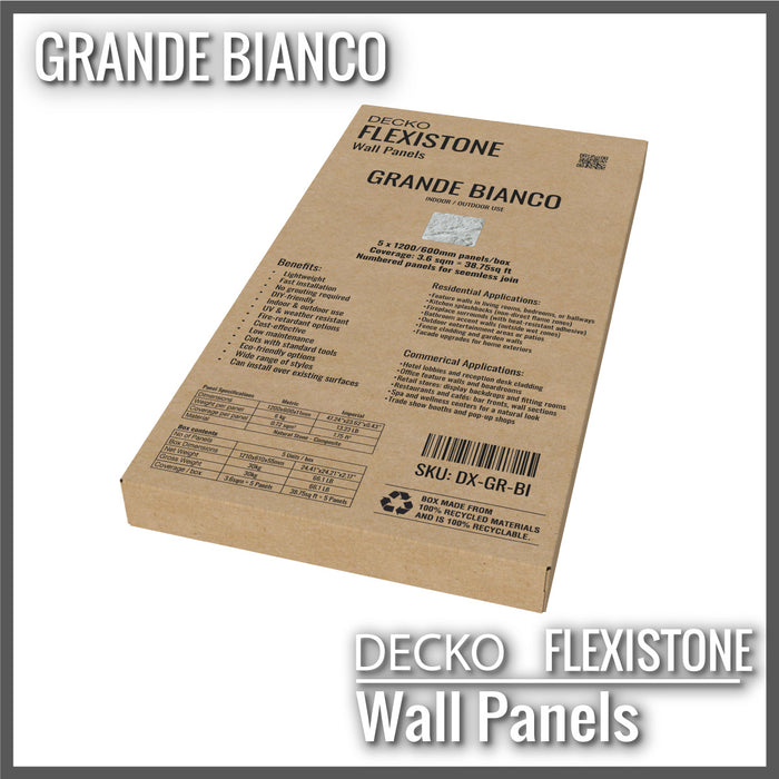 DECKO Flexistone Wall Panels - <b>GRANDE BIANCO</b> - Box of 5 serial panels (1200x600mm) <b>3.6sqm</b> coverage