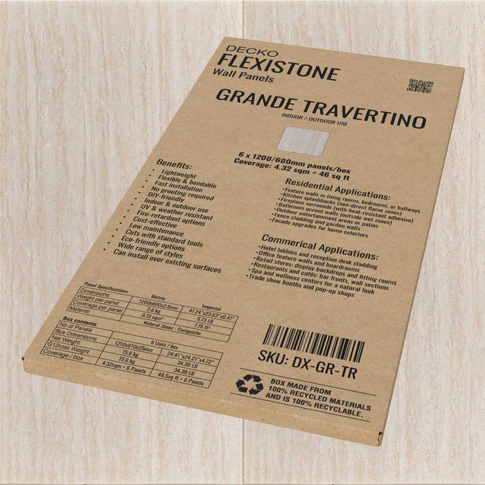 DECKO Flexistone Stone Wall Panels - <b>GRANDE TRAVERTINO</b> - Box of 6 panels (1200x600mm) <b>4.32sqm</b> coverage