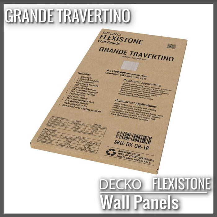 DECKO Flexistone Stone Wall Panels - <b>GRANDE TRAVERTINO</b> - Box of 6 panels (1200x600mm) <b>4.32sqm</b> coverage