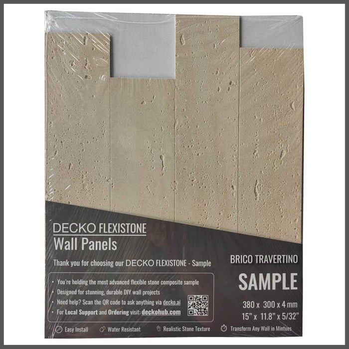 DECKO Flexistone Stone Wall Panels - <b>BRICO TRAVERTINO</b> - Box of 12 Interlocking Peel-and-Stick Panels <b>1.08sqm</b> coverage