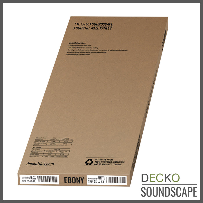 Acoustic Sound Dampening Wall Panels - <b>EBONY Long</b> - box of 3 panels (1200x600mm) <b>2.16 m<sup>2</sup></b> coverage | DECKO SOUNDSCAPE