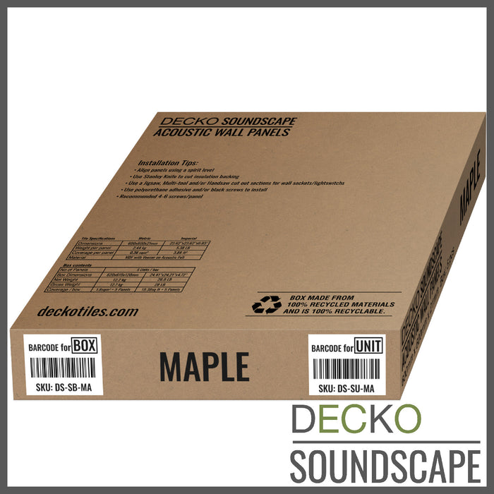 Acoustic Sound Dampening Wall Panels - <b>MAPLE Square</b> - box of 5 panels (600x600mm) <b>1.8 m<sup>2</sup></b> coverage | DECKO SOUNDSCAPE