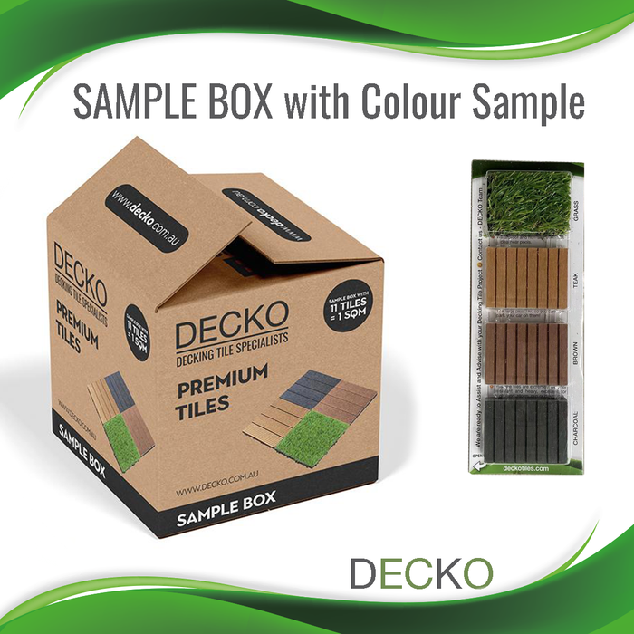 SAMPLE BOX with attached Colour Samples and FULL REFUND for product returned - select colour- DECKO Premium Decking Tiles - Price/box- 1 box/address