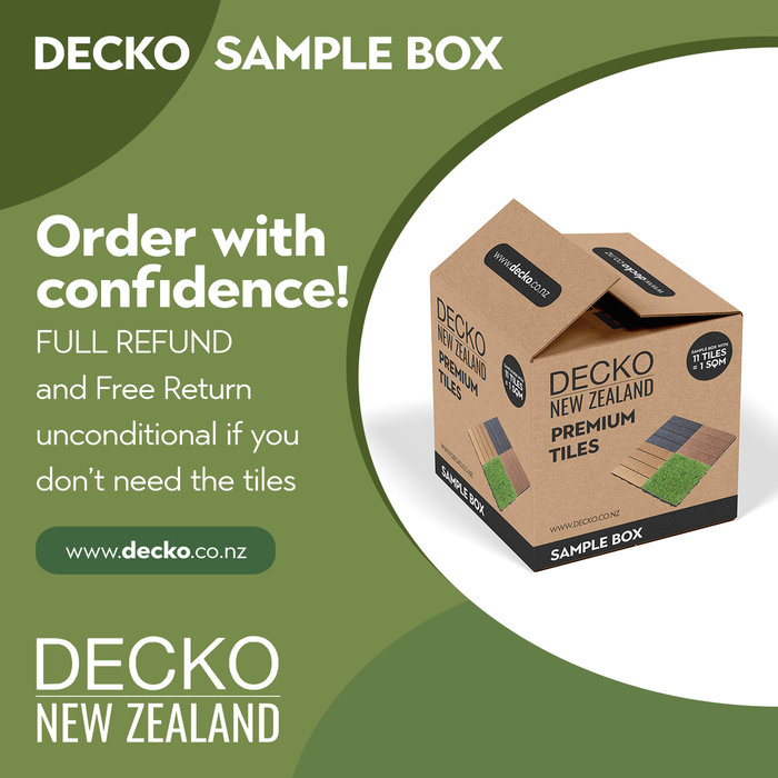 SAMPLE BOX with attached Colour Samples and FULL REFUND for product returned - select colour- DECKO Premium Decking Tiles - Price/box- 1 box/address